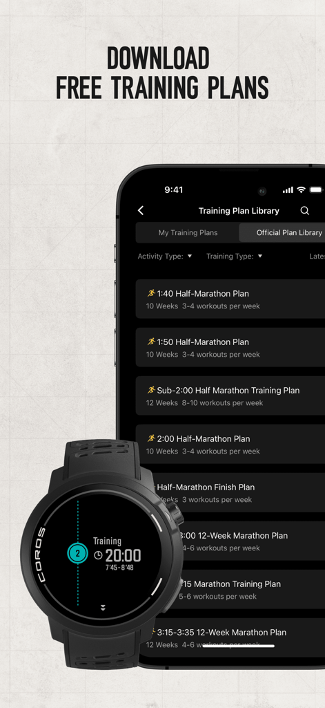 Interface de l'application mobile COROS affichant une bibliothèque de plans d'entraînement pour marathon et semi-marathon aux côtés d'une montre connectée COROS