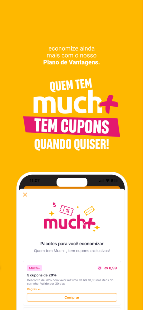 Delivery Much: Pedir Comida - Much Plus アドバンテージプランのプロモーション画面。フードデリバリー限定割引クーポンを提供しています。