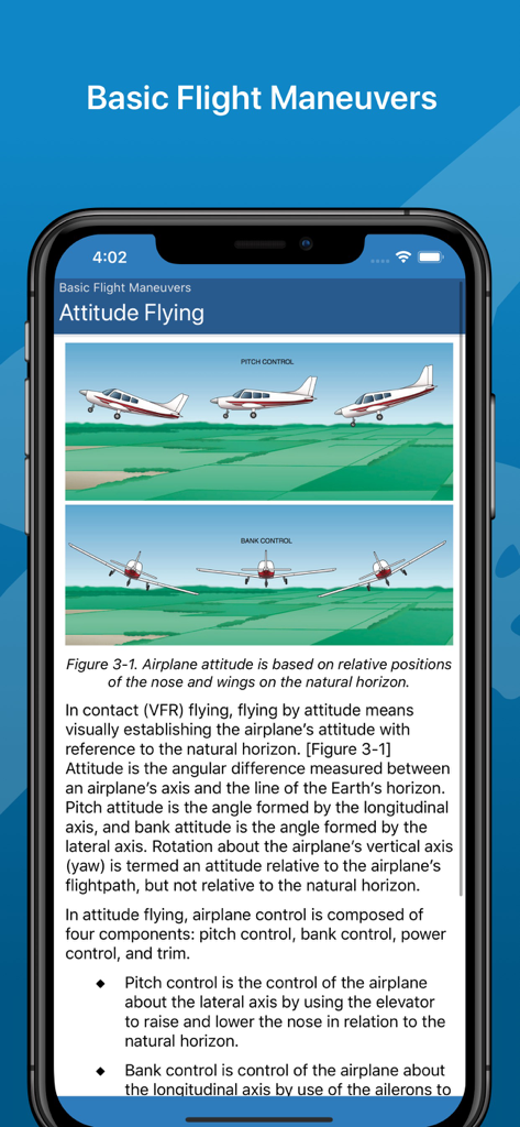 Uma tela do aplicativo Manual de Voo de Avião explicando manobras de voo básicas e voo de atitude com diagramas.