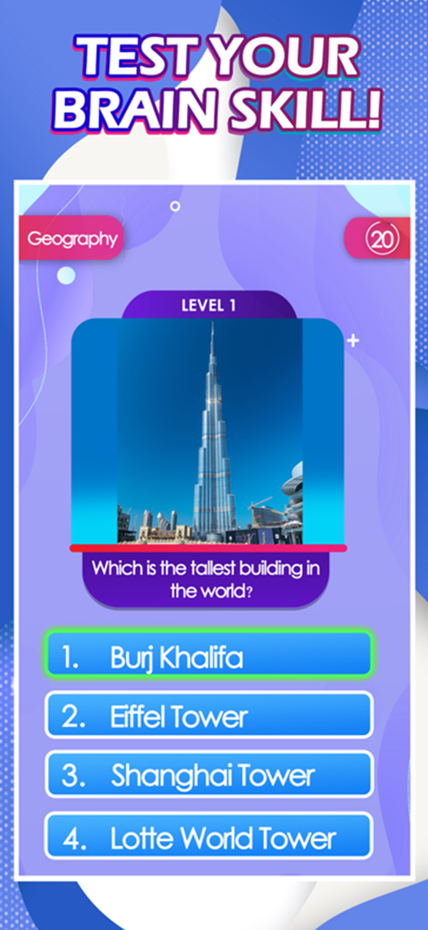Trivia Quiz Test Games - A geography quiz question asking for the world tallest building with a picture of the Burj Khalifa and multiple choice options