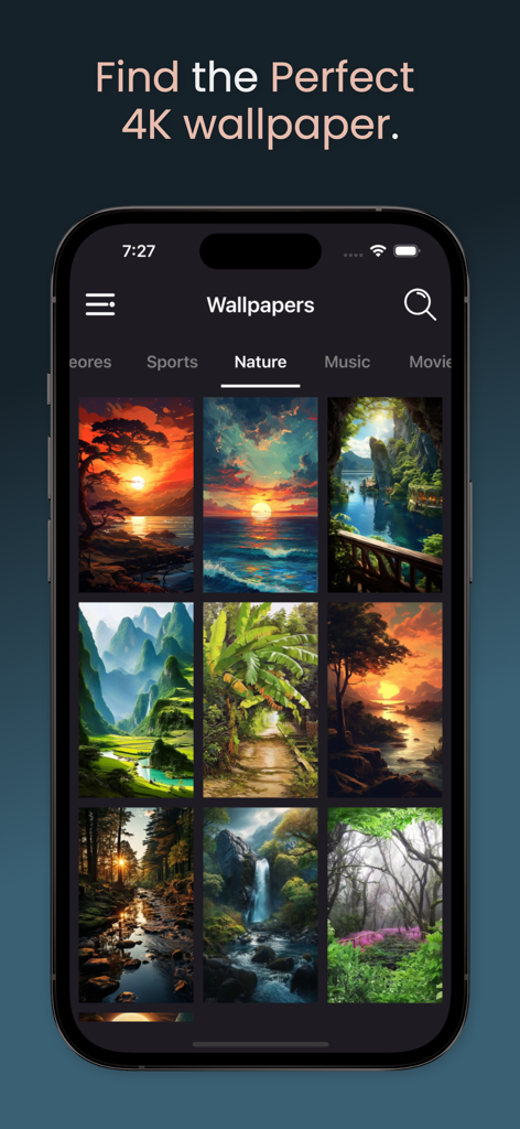 Wallpics - Live Wallpaper,Zed - Captura de pantalla del iPhone de la aplicación Wallpics mostrando una colección de fondos de pantalla de naturaleza en 4K en una interfaz de modo oscuro