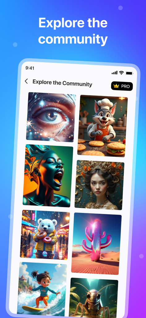 AI Figurine：AI Image Generator - AIフィギュアアプリの画面。様々なスタイルのコミュニティ生成アートワークのギャラリーを表示。
