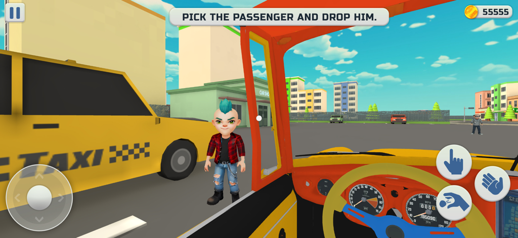 I Am Crazy Taxi Driving Game - A first-person view from inside a taxi as the driver prepares to pick up a passenger with a blue mohawk