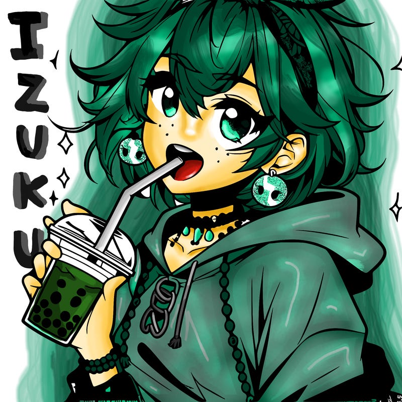hot baddie anime girl drinking boba and biting the straw