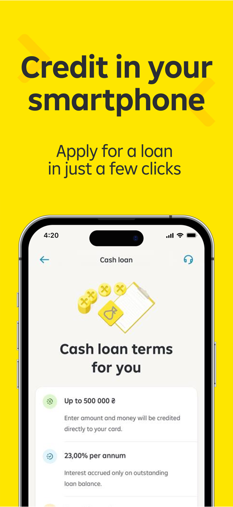 MyRaif from Raiffeisen Bank - Tela do aplicativo móvel MyRaif mostrando os termos do empréstimo em dinheiro e as etapas de inscrição em um fundo amarelo