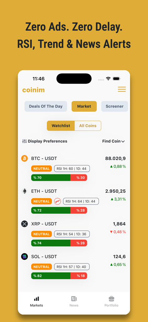 Interfaz de la aplicación Coinim mostrando precios de criptomonedas en tiempo real e indicadores de análisis técnico RSI