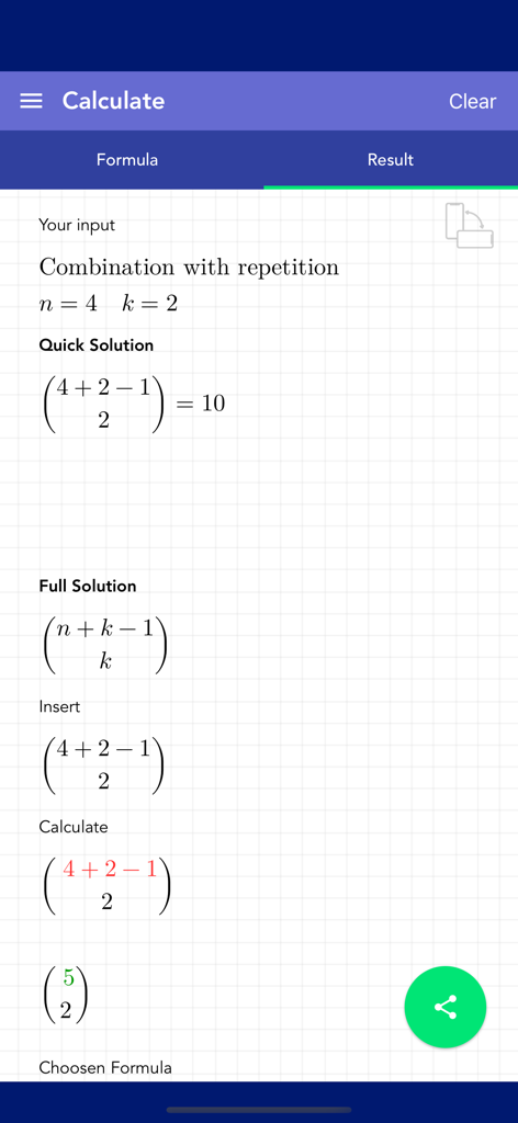Combinatorics PRO - Schrittweise Lösung für Kombinationen mit Wiederholung in der Combinatorics PRO App
