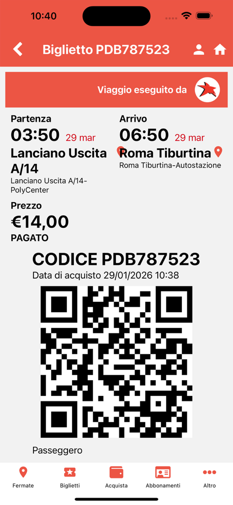 Digital bus ticket in the DiCarloBus app showing a travel itinerary from Lanciano to Rome Tiburtina with a scannable QR code