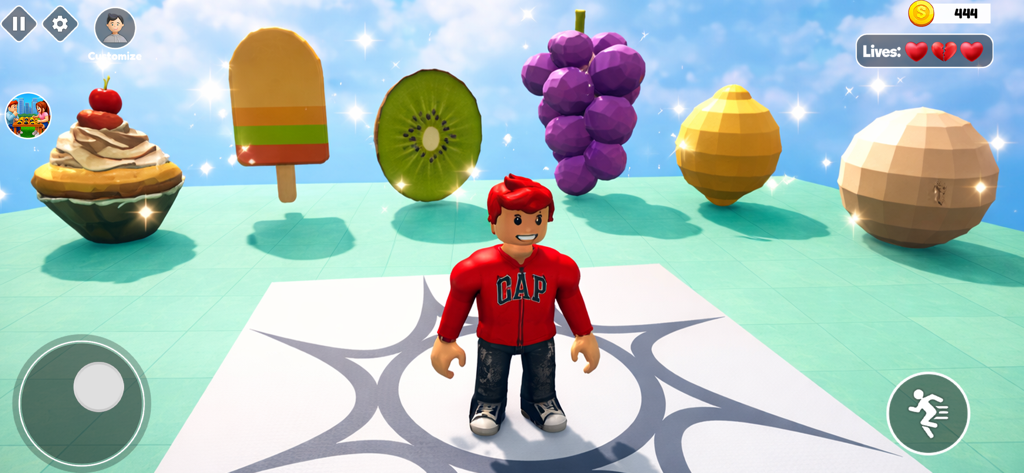 Chi Pop Puzzle - A 3D character in a red hoodie stands in front of giant low-poly fruit and food items in the Chi Pop Puzzle app.