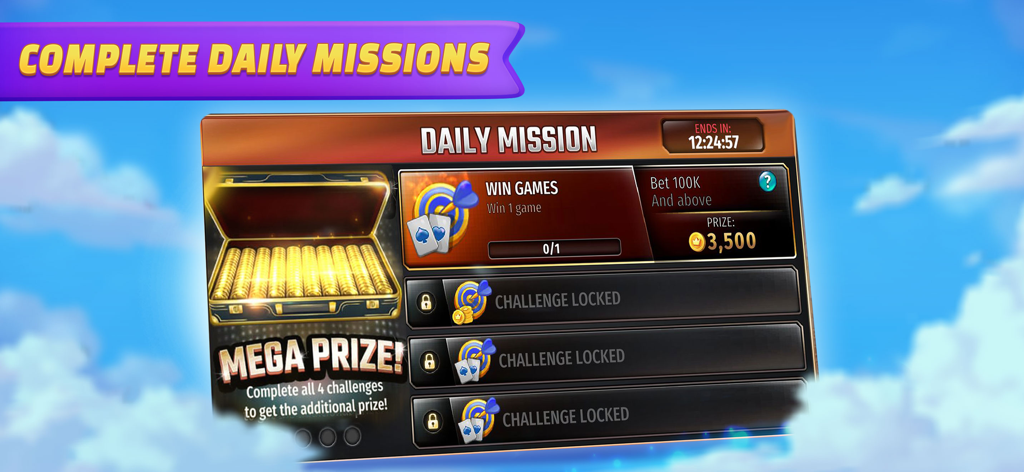 Spades Royale - Écran des missions quotidiennes dans Spades Royale, montrant un défi de victoires et un coffre à méga-prix de pièces d'or.