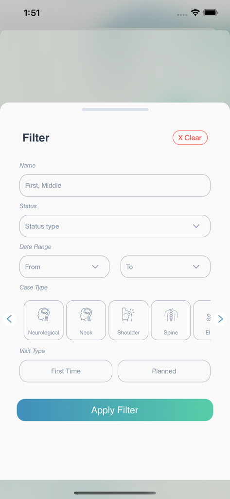 Ameen for Therapists - Interface do aplicativo Ameen for Therapists mostrando filtros para visitas de pacientes e tipos de casos