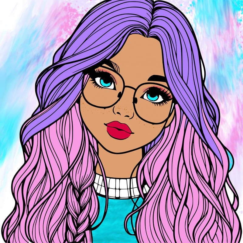 girl with long hair and freckles and glasses realistic