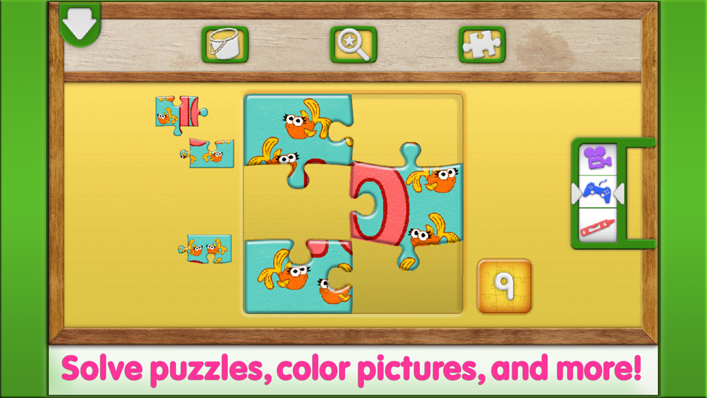 Elmo Loves 123s - A jigsaw puzzle featuring the number nine and Dorothy the goldfish in the Elmo Loves 123s app