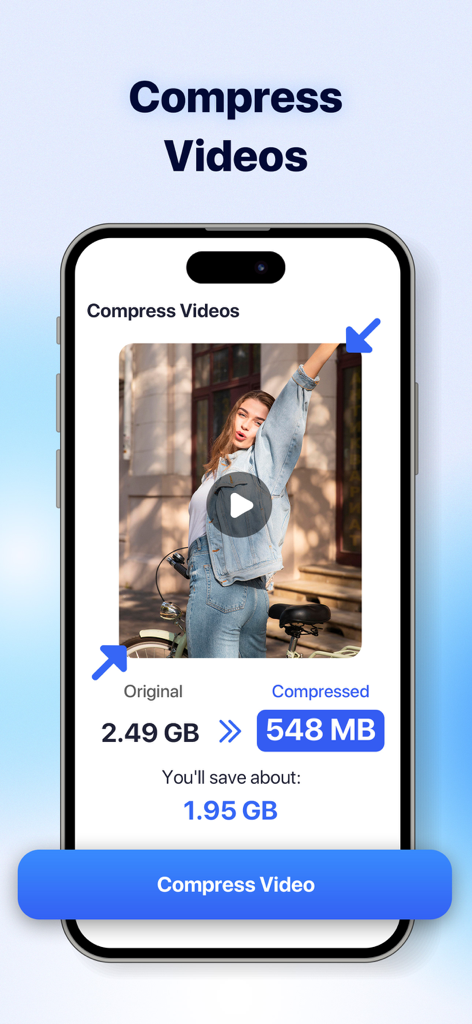 Deep Cleaner: Clean Your Phone - Interface de l'application Deep Cleaner montrant une fonction de compression vidéo qui réduit un fichier vidéo volumineux pour économiser de l'espace de stockage.