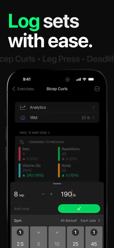 Setgraph app interface showing bicep curls logging with workout analytics and smart plates calculator