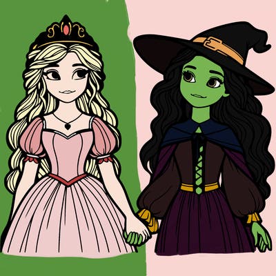 a princess and a witch holding hands realistic