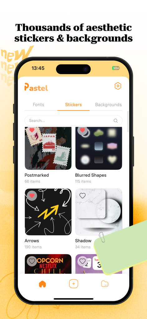 Add text to photo: Pastel - 写真デザインのための美しいステッカーのギャラリーが表示されたPastelアプリのインターフェース