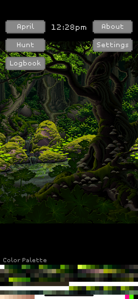 Living Worlds - Mark Ferrari - A detailed green mossy forest scene in high quality pixel art with a UI overlay showing the time and logbook options.