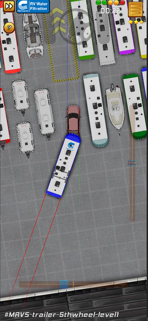 Top down gameplay view of a pickup truck backing a 5th wheel trailer into an RV park parking spot with trajectory lines