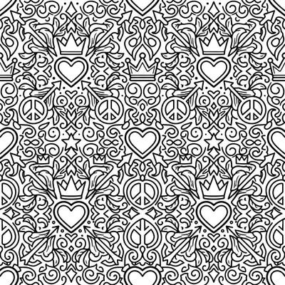 Immerse yourself in a captivating symmetrical pattern filled with universal symbols of love, peace, and royalty. This intricate grid design invites you to explore a world of creative possibilities with your favorite colors.