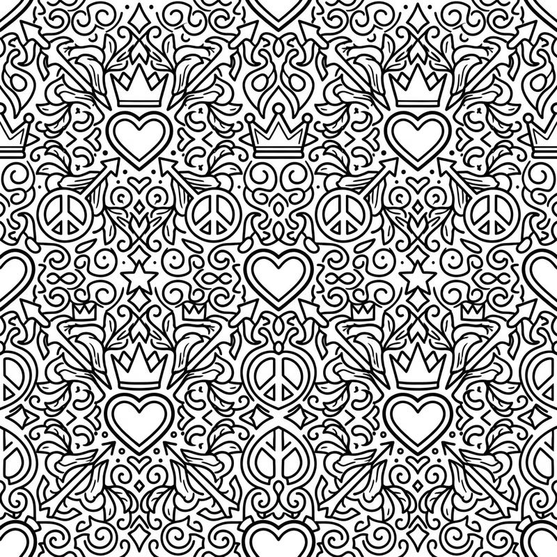 Immerse yourself in a captivating symmetrical pattern filled with universal symbols of love, peace, and royalty. This intricate grid design invites you to explore a world of creative possibilities with your favorite colors.