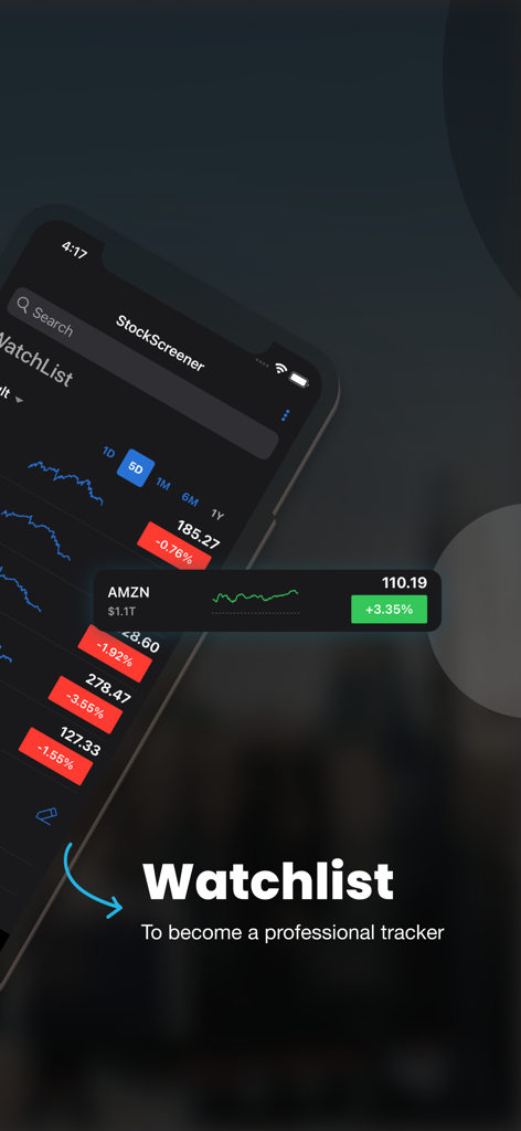Aplicativo Stock Screener mostrando uma lista de observação de ações com rastreamento de preço em tempo real e gráficos de linha em modo escuro
