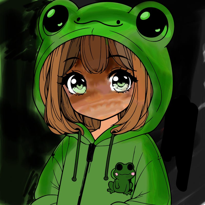cute realistic girl in a froggy hoodie