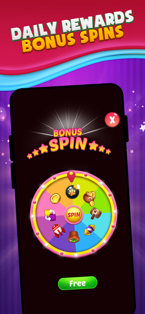 Puzzle Pop Blaster - Ein farbenfrohes Bonus-Glücksrad im mobilen Spiel Puzzle Pop Blaster mit täglichen Belohnungen wie Boostern und Münzen
