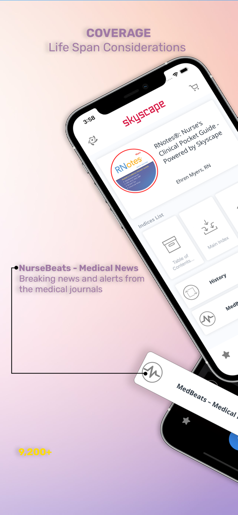Mobile app screen for RNotes Nurse Pocket Guide featuring clinical coverage and medical news alerts