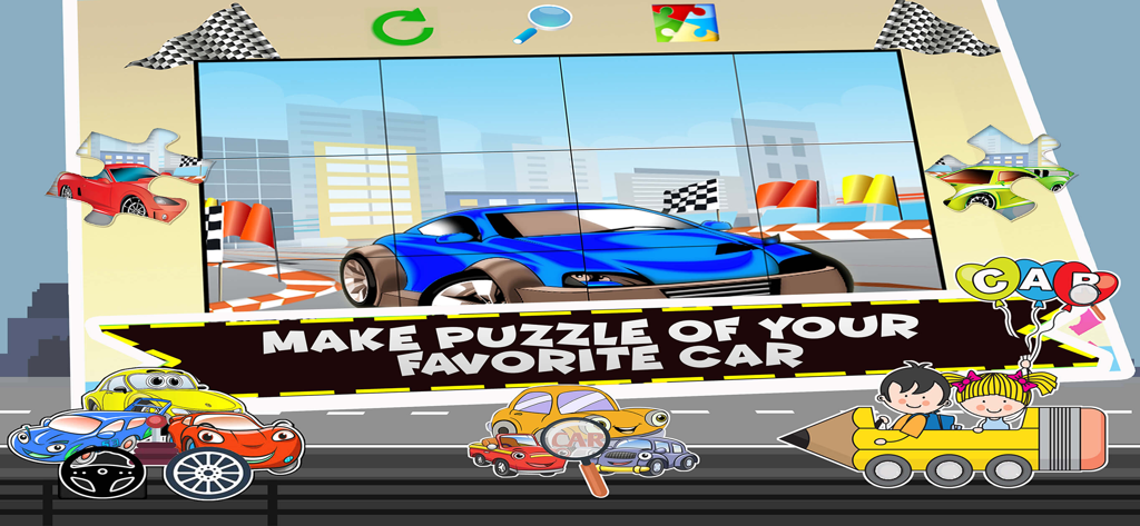 Interactive car puzzle game for toddlers in the Cars Alphabet app