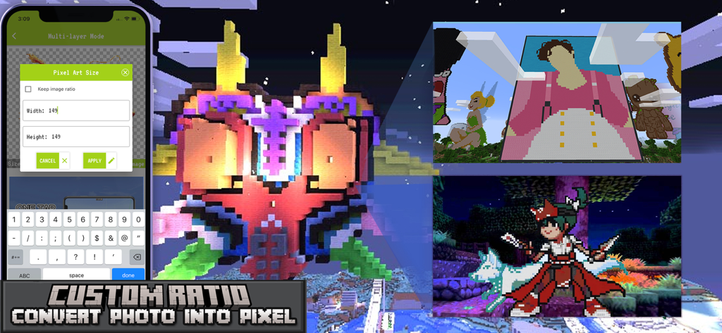 PixelArt Builder for Minecraft - Interface de l'application PixelArt Builder montrant les paramètres de taille personnalisée pour convertir des photos en blocs de pixel art Minecraft