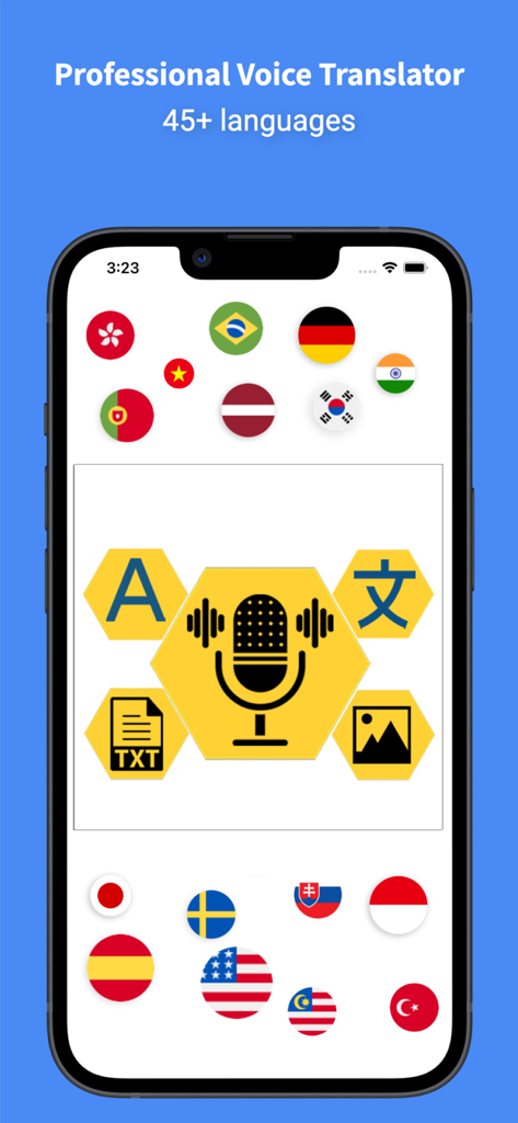 Voice Translator : Language + - Professional voice translator app interface displaying voice photo and text translation icons with global flags