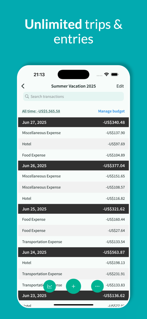 Tripcoin - Travel budget - Tripcoin app interface showing a chronological list of travel expenses and transaction entries for a trip