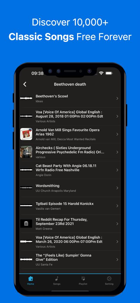 Music Player ๏ Unlimited MP3 - Interfaz de la aplicación Reproductor de Música mostrando una lista de canciones y pistas de audio gratuitas con un encabezado azul destacando más de diez mil canciones clásicas.