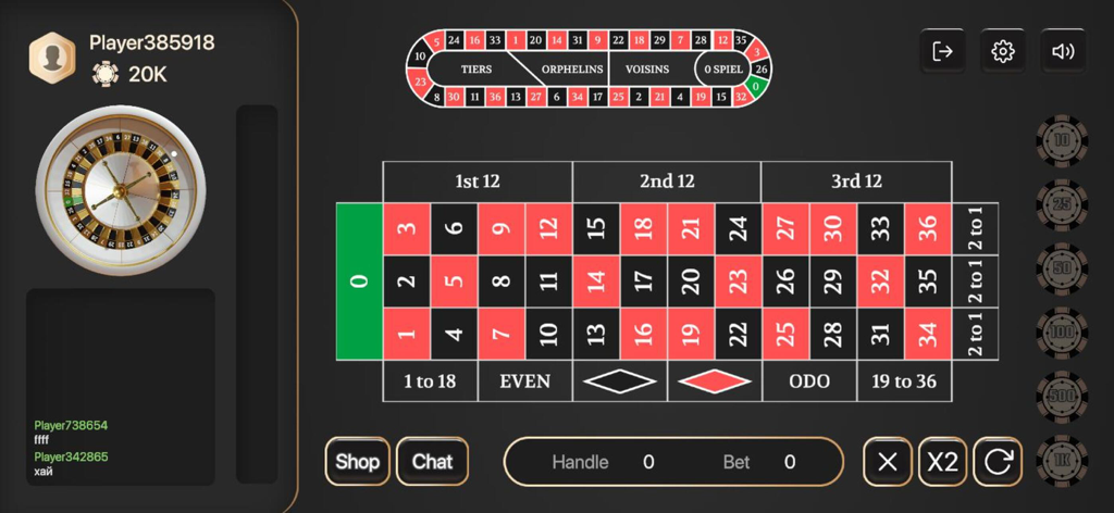 Casino Online - Multiplayer - Interfaz del juego de ruleta móvil con tablero de apuestas y rueda giratoria
