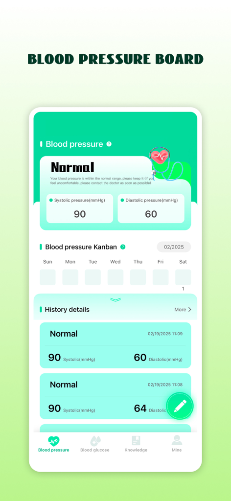 Blood Pressure Health Monitor - Blood pressure monitor app dashboard showing systolic and diastolic readings with a health history log.