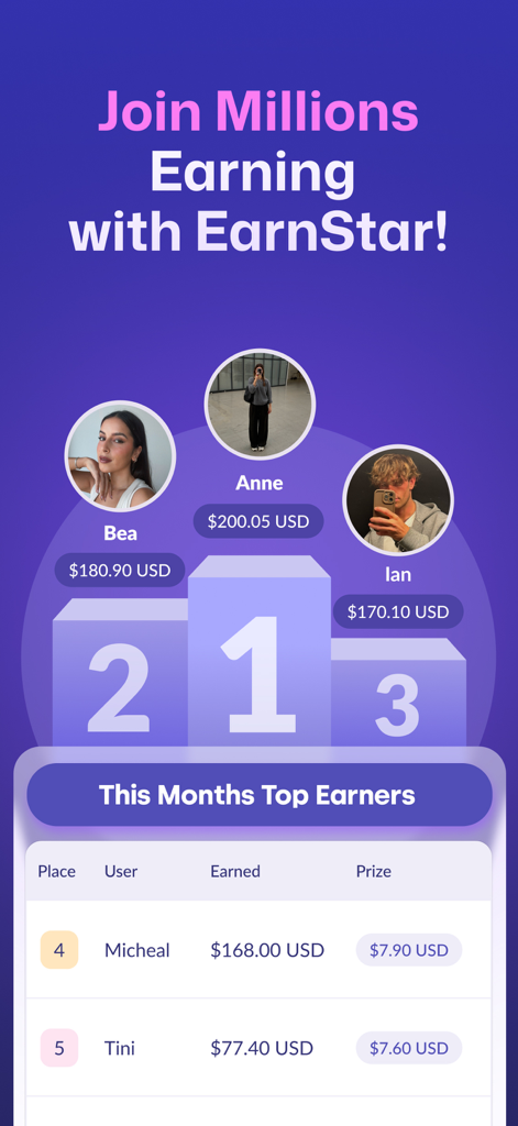 EarnStar leaderboard showing monthly top earners and their cash rewards on a podium