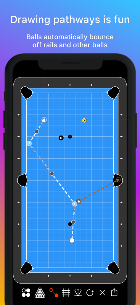 Cue Lab | Shots & Layouts - Technical billiards shot diagram showing ball pathways and grid layout on a blue pool table.