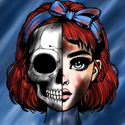 realistic girl with half skull mask