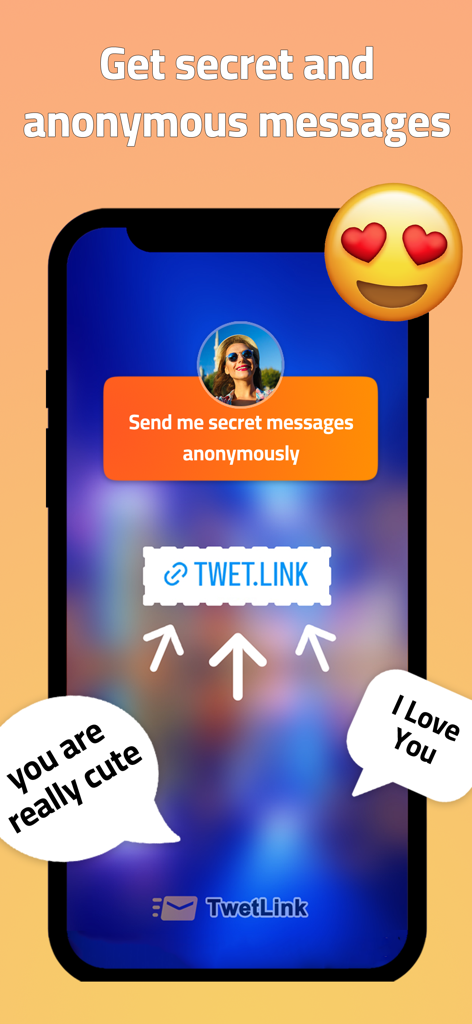 TwetLink app interface showing a profile with a link to receive secret anonymous messages