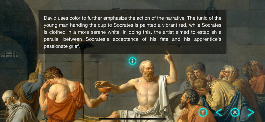 Art Legacy - Superposición de texto educativo en la pintura La muerte de Sócrates de Jacques-Louis David en la aplicación Art Legacy