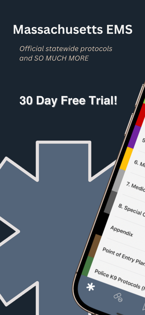 Massachusetts EMS app screenshot showing medical protocols list and a 30-day free trial offer.