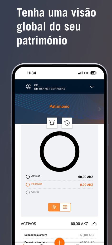 Schermata dell'app mobile BFA Net Empresas che mostra una visione globale di asset e passività aziendali con un grafico a torta