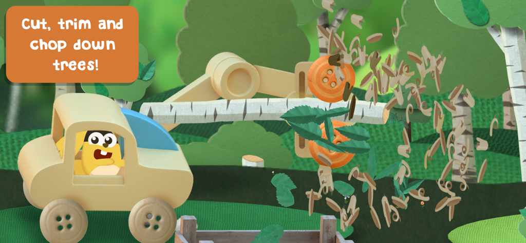 A cartoon animal character driving a wooden harvester to chop down a tree in a papercraft style forest.