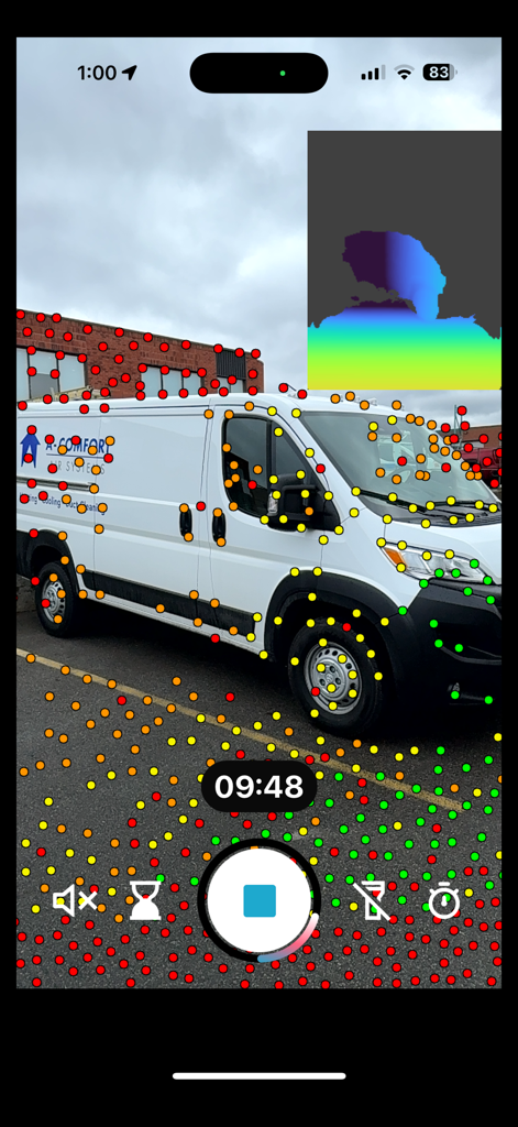 Recon-3D - Real time 3D lidar scanning of a white van with point cloud overlay in Recon-3D app