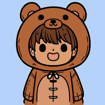 a kid in a golden bear suits mouth