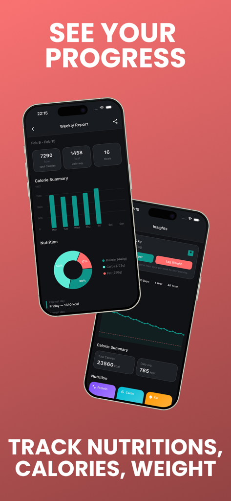Calorie Tracker - AI Food Log - Screenshots of the Calorie Tracker app showing weekly nutritional reports and weight progress charts.