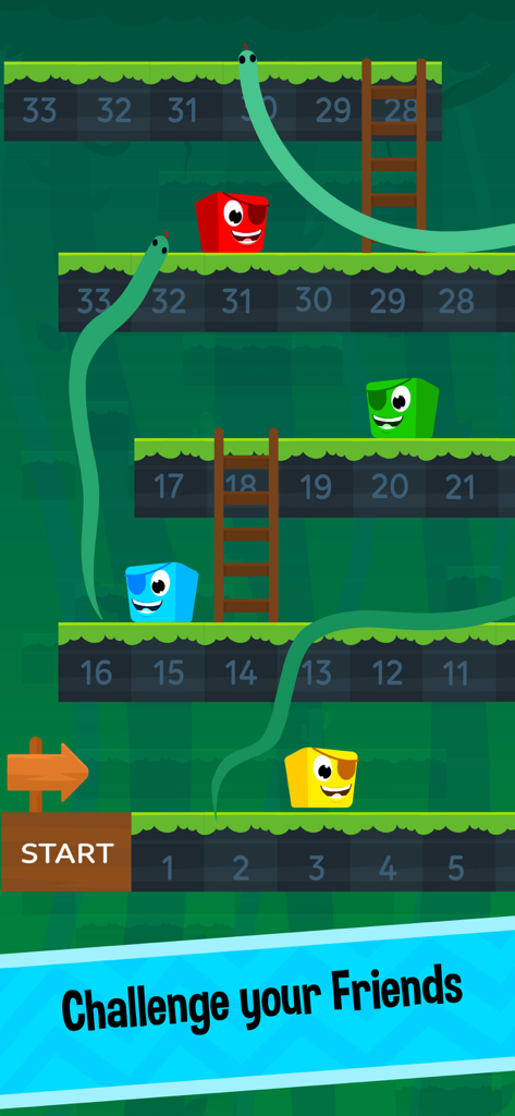 Snakes and Ladders board game featuring a platformer style layout with colorful characters and ladders.
