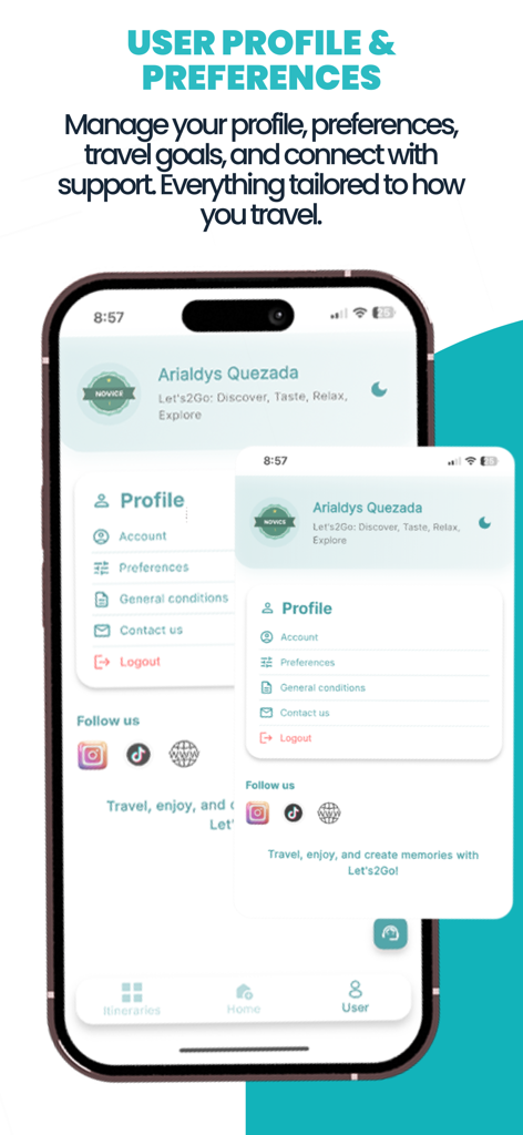 Lets2Go app user profile screen with account settings and preferences.