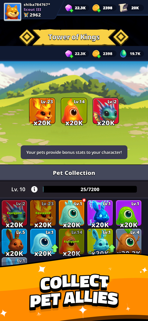 Shiba Story Go! Idle RPG Game - La pantalla de colección de mascotas en Shiba Story Go mostrando varios aliados de criaturas coloridas